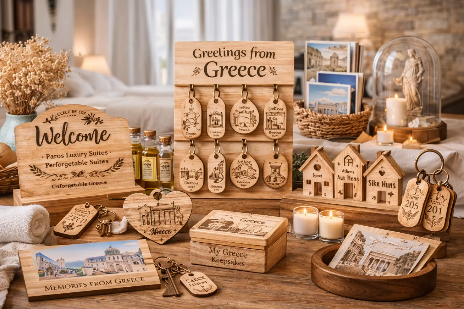 Κατασκευάζουμε εξατομικευμένα ξύλινα σουβενίρ και είδη δώρων για ξενοδοχεία, τουριστικά καταστήματα και μουσεία.