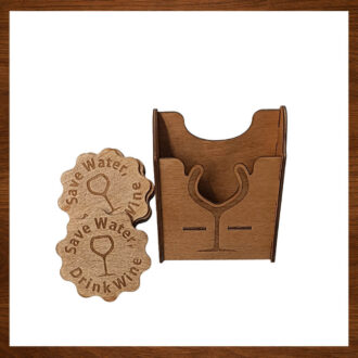 Ξύλινα Σουβέρ “Save Water Drink Wine” & Ξύλινη Βάση με θήκη οργάνωσης σουβέρ