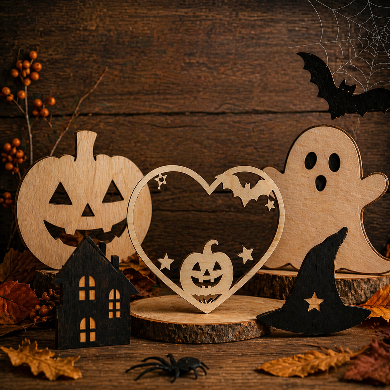 Ξύλινα διακοσμητικά Halloween με κολοκύθα, φάντασμα και καρδιά Happy Halloween σε γιορτινή σύνθεση.