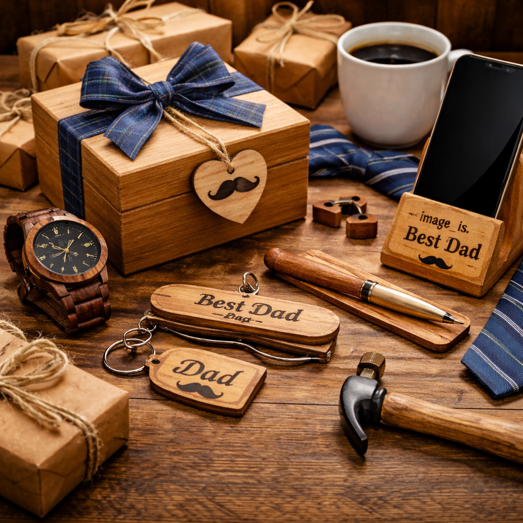 Σύνθεση με ξύλινα δώρα για τη γιορτή του πατέρα πάνω σε ρουστίκ ξύλινη επιφάνεια, με κουτί δώρου δεμένο με κορδέλα, ξύλινο ρολόι, στυλό, πολυεργαλείο και βάση κινητού, σε ζεστό φωτισμό.