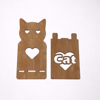 Βάση κινητού από ξύλο με σχέδιο γάτας και καρδιάς