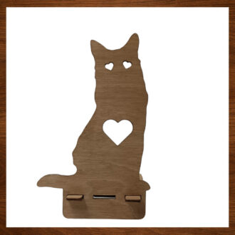 Ξύλινη βάση κινητού σε σχέδιο γάτας με καρδιά