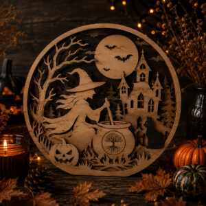 Ξύλινη Halloween διακόσμηση με μάγισσα και καζάνι