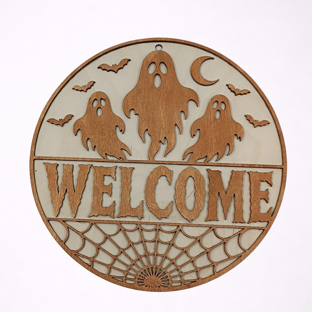 Ξύλινο Welcome Halloween με φαντάσματα νυχτερίδες και φεγγάρι