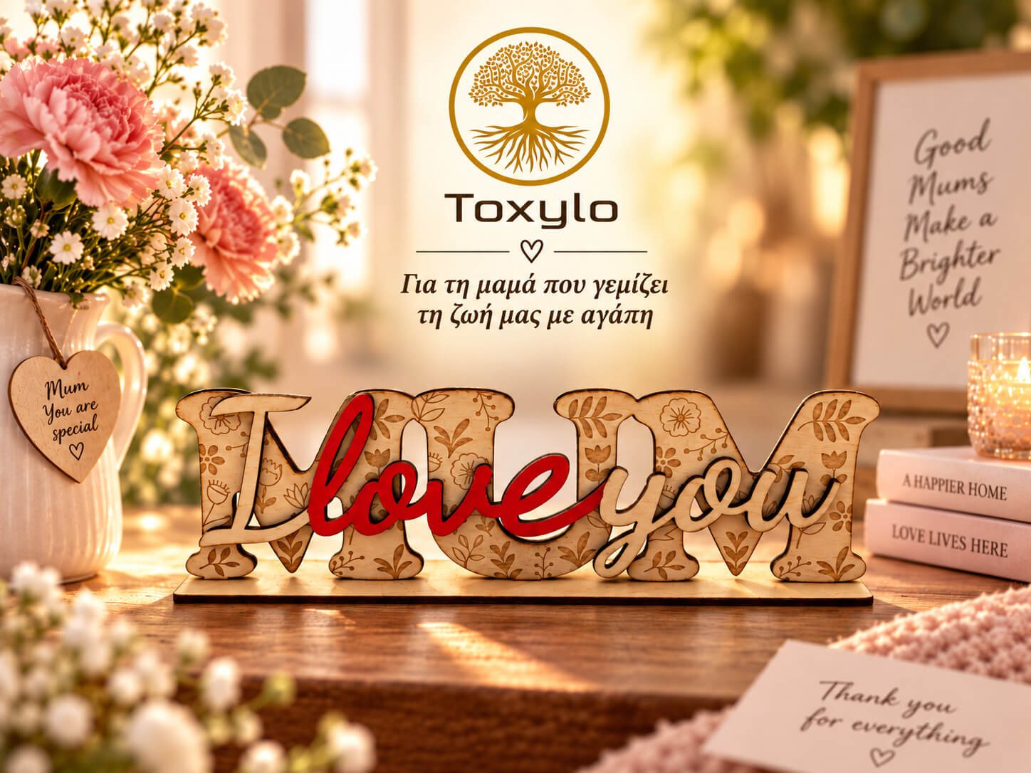 Πρωτότυπο ξύλινο δώρο για μαμά MUM Love You με λουλουδάτη χάραξη
